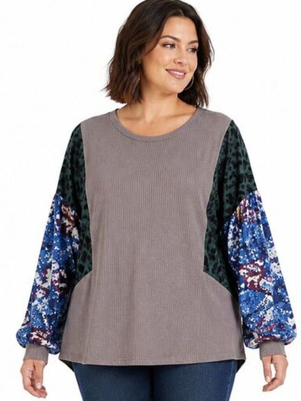 New UMGEE 1XL 18 Aztec Animal Mixed Print Boho Long Puff Sleeve Waffle Knit Top